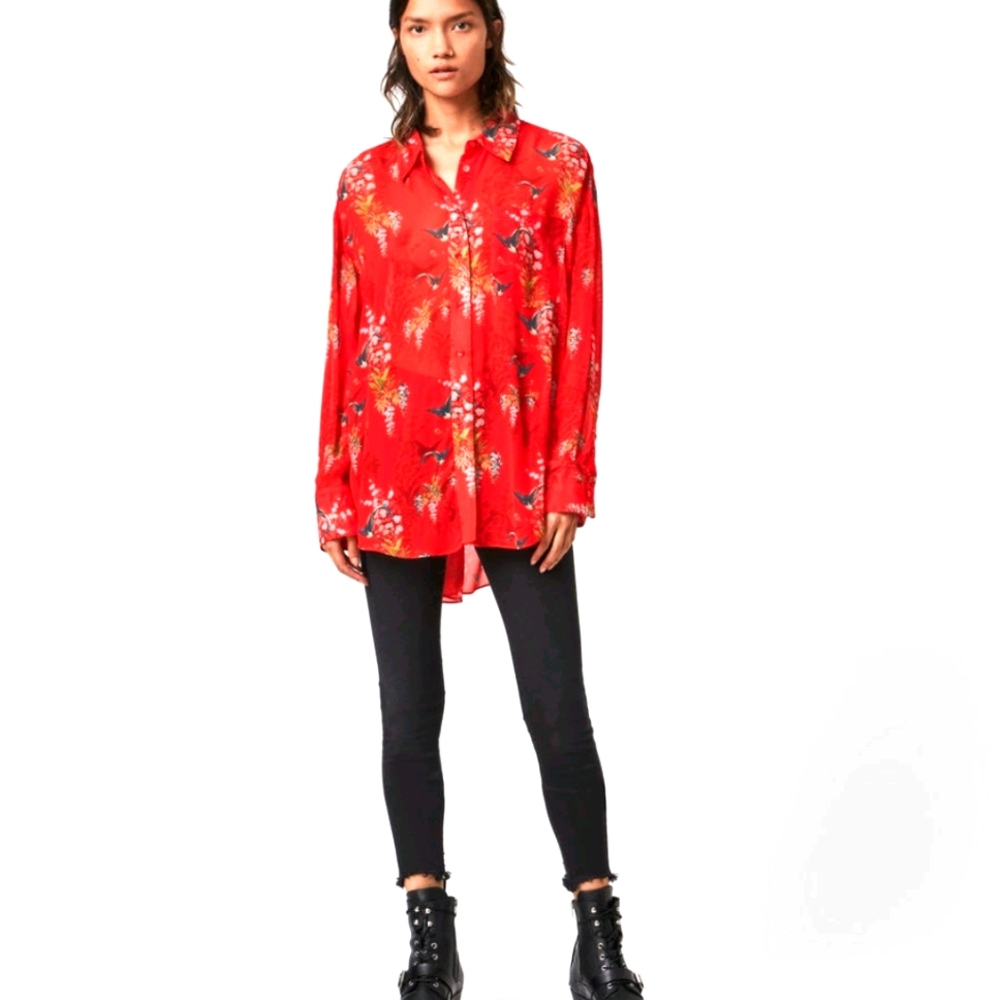SOLD *NWT* AllSaints Red Melisima Floral Oversized Boyfriend Blouse, XS